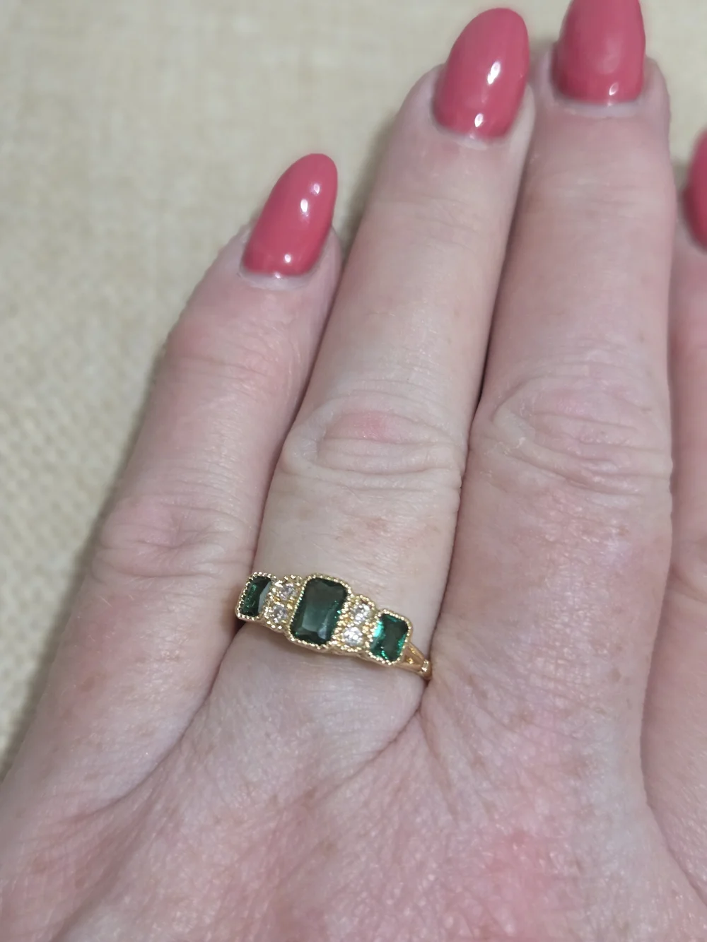 Gold Emerald Green Lab Emerald Bar Ring